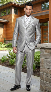 Men’s Silver Grey Sharkskin Suit – 3 Button Classic Fit Shiny Formal Suit for Wedding, Business and Party Wear