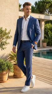 Mens Enzo Tovare Denim Blue Linen Summer Suit – Breathable Two Piece Suit for Wedding, Business, Travel