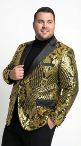 Mens Black and Gold Pattern Blazer – Gold Floral Luxury Formal Blazer Jacket for Prom, Wedding and Party Slim Fitted
