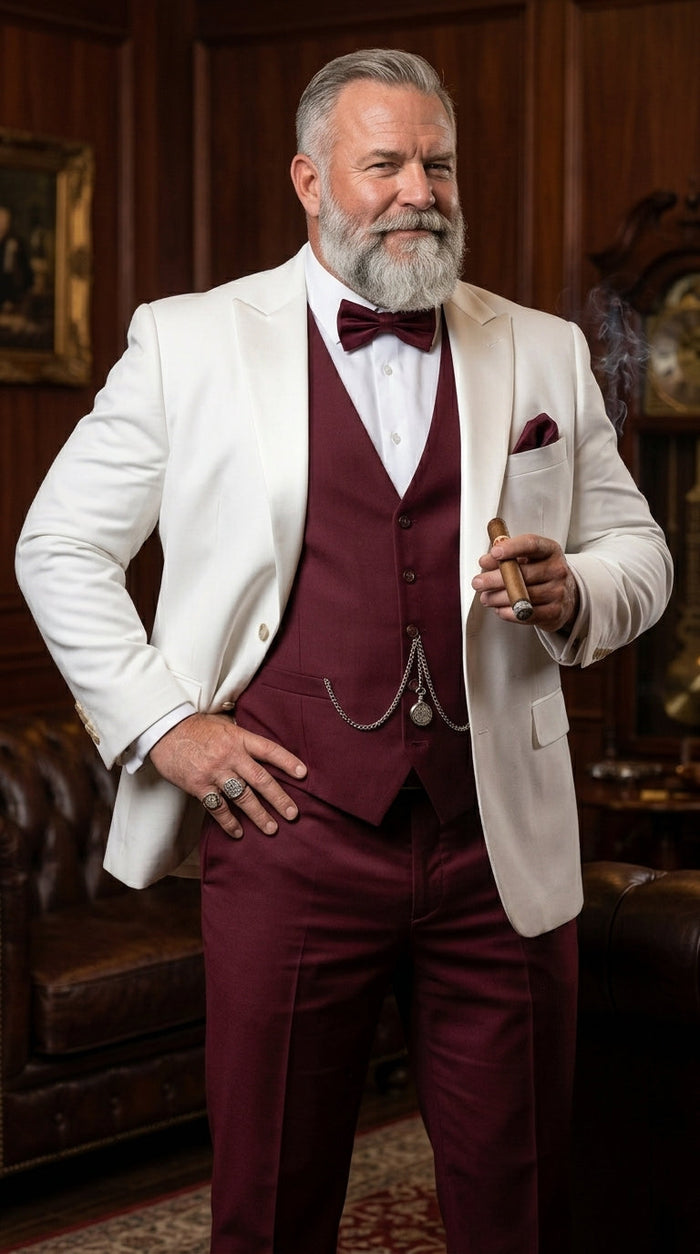 Men’s White and Burgundy 3 Piece Tuxedo Suit, Vested Formal Wedding Prom Dinner Suit Set bowtie included