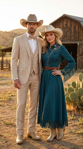 Mens Beige Tan Khaki CowboyTuxedo Suit – Western Formal Three Piece Suit with Jacket Vest and Pants