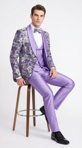 Men’s Lilac Lavender Prom Suit – Floral Shawl Lapel 3 Piece Tuxedo with Matching Vest and Pants
