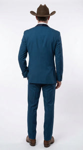 Men’s Teal Blue Western Tuxedo Suit, 3 Piece Cowboy Formal Wedding Prom Suit with Black Shawl Lapel Saphire