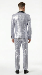Mens Silver Grey Sequin Tuxedo Suit – Shiny Wedding Suit Set with Black Lapel for Prom, Party, Gala and Formal Evening Wear