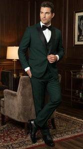 Men’s Hunter Green Tuxedo Suit 3 Piece – One Button Peak Lapel Designer Formal Suit for Wedding,  Light Weight Wool By Statement Dark Green