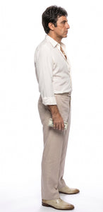 Tony Montana’s White Linen Shirt and Tan Pants – Men’s White Formal Shirt with Tan Trousers for Party, Wedding and Vintage Style Outfit