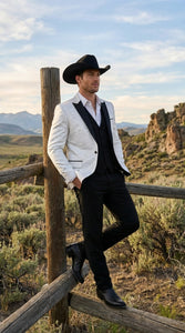 Men’s White Paisley Cowboy Tuxedo with Black Satin Lapel – Western Formal Wedding Suit Jacket