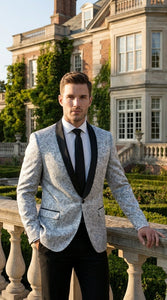 Men’s Silver and Black Floral Blazer – Elegant Formal Tuxedo Style Blazer Jacket for Wedding, Party, Prom and Evening Wear