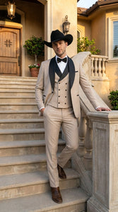 Men’s Beige Pinstripe Western 3 Piece Tuxedo Suit with Black Shawl Lapel, Formal Cowboy Wedding Prom Suit in Tan Khaki Color