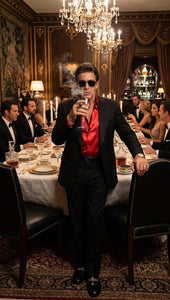 Tony Montana’s Black Blazer with Red Sateen Shirt – Men’s Black Formal Blazer and Red Satin Style Shirt Outfit for Party, Wedding and Vintage Wear