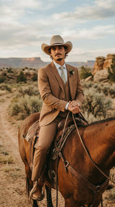 Mens Camel Brown Copper Western 3 Piece Suit – Classic Country Style Blazer Vest Pants Set, Formal Cowboy Suit Outfit