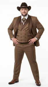 Men’s Brown Pinstripe Western Cowboy Tuxedo, Contrast Shawl Lapel Formal Suit for Weddings, Prom, Parties, and Special Occasions