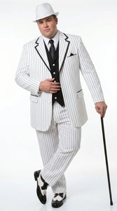 Men’s White Pinstripe 1920s Gangster 3 Piece Suit, Black Contrast Formal Costume Suit for Parties, Prom, Weddings, and Theme Events