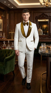 Men’s White Paisley 3 Piece With Vest Prom Tuxedo with Gold Velvet Shawl Lapel, Formal Wedding Suit Set