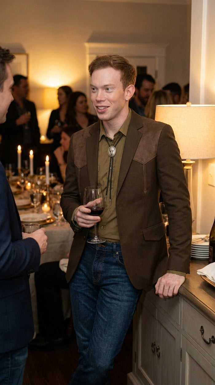 Men’s Dark Brown Western Blazer with Suede Yokes, Cowboy Sport Coat for Ranch Wedding and Country Events