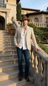 Men’s Cream Tan Beige Windowpane Plaid Western Blazer, Formal Cowboy Wedding Prom Sport Coat Jacket