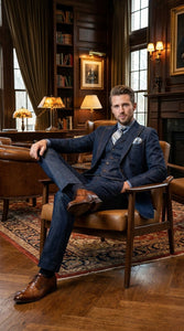 Men’s Pleated Pants Dark Blue Denim 3 Piece Suit – 100% Cotton Formal Suit Set, Blazer Vest Pants Outfit Classic Fit Athletic Fit Lose Fit