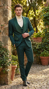 Mens Hunter Green Wedding Tuxedo Suit – Paisley Pattern Three Piece Formal Suit Set with Shawl Lapel for Groom, Prom in Emerald green