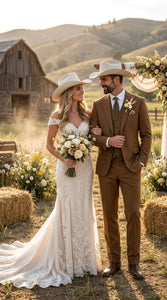 Men’s Tan Groom Outfit Country Wedding 3 Piece Suit Khaki Camel Color Modern Fit