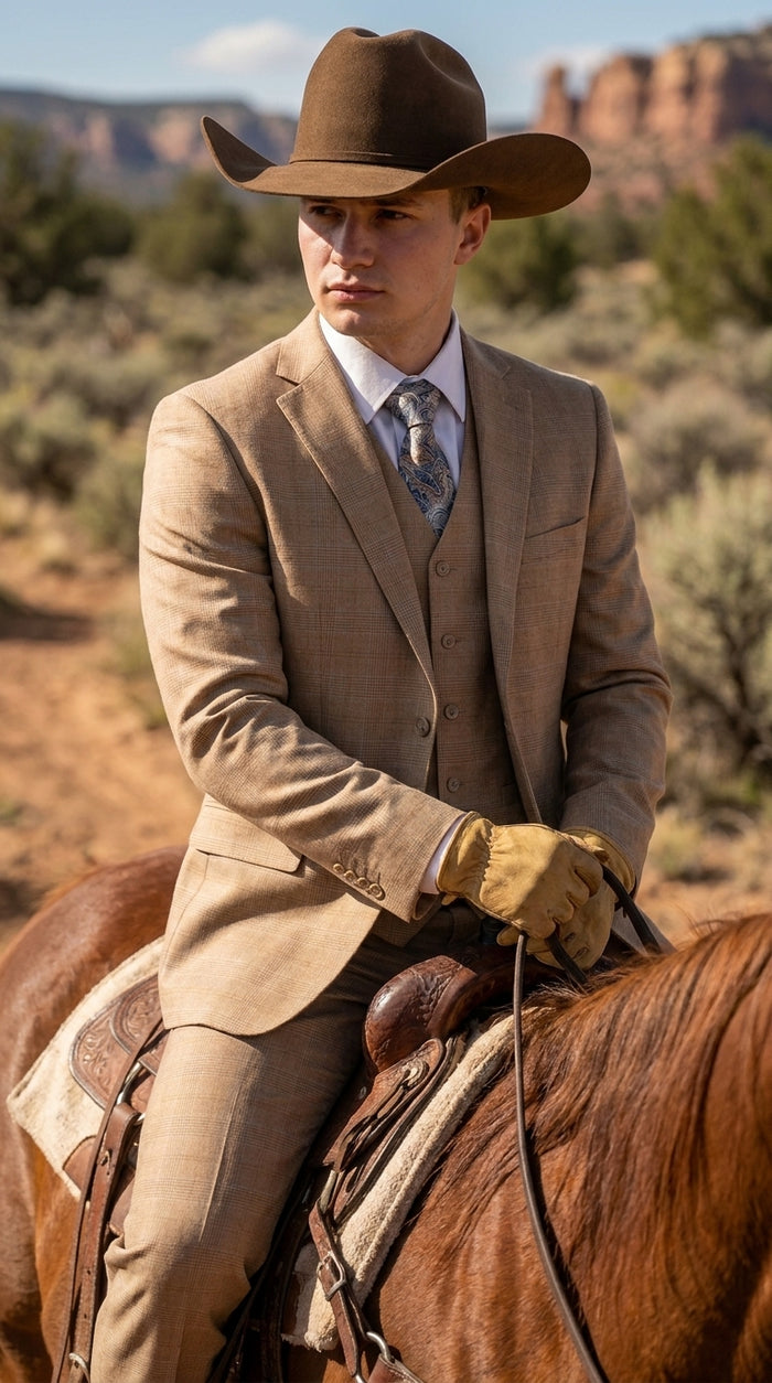 Men’s Khaki Tan Plaid Western Cowboy 3-Piece Suit – Texture Plaid windowpane Blazer, Vest & Pants