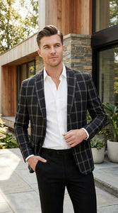 Men’s Black Windowpane Check Blazer – Black Plaid Formal Blazer Jacket for Business, Wedding and Smart Casual Style