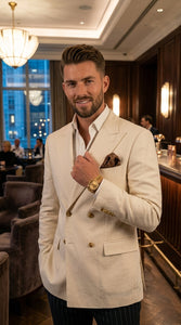 Men’s Ivory Linen Double Breasted Blazer, Lightweight Wedding Dinner Sport Coat Jacket Cream Off White