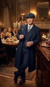 Men’s Navy Blue Herringbone Tweed  1920s 3 Piece Suit with Overcoat – Vintage Peaky Blinder Style Formal Suit Set with Blazer, Waistcoat + Overcoat + Hat