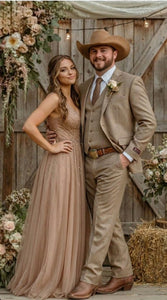 Mens Sharkskin Dark Taupe Tan with sheen Western 3 Piece Suit – Classic Country Style Blazer Vest Pants Set, Formal Cowboy Suit Outfit