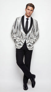 Men’s White and Black Patterned Tuxedo Blazer – Luxury Designer Dinner Jacket for Wedding, Prom and Formal Events New Year Christmas Holiday