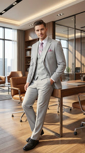 Men’s Light Gray 3 Piece Suit – Ice Silver Gray Formal Suit Set with Vest, Patterned Lapel and Tie for Wedding, Prom and Business Events