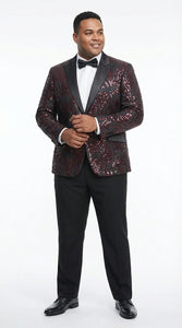 Men’s Black and Burgundy Sequin Blazer – Black Sparkle Sequin Party Blazer with Burgundy Pattern for Prom, Wedding Slim Fitted