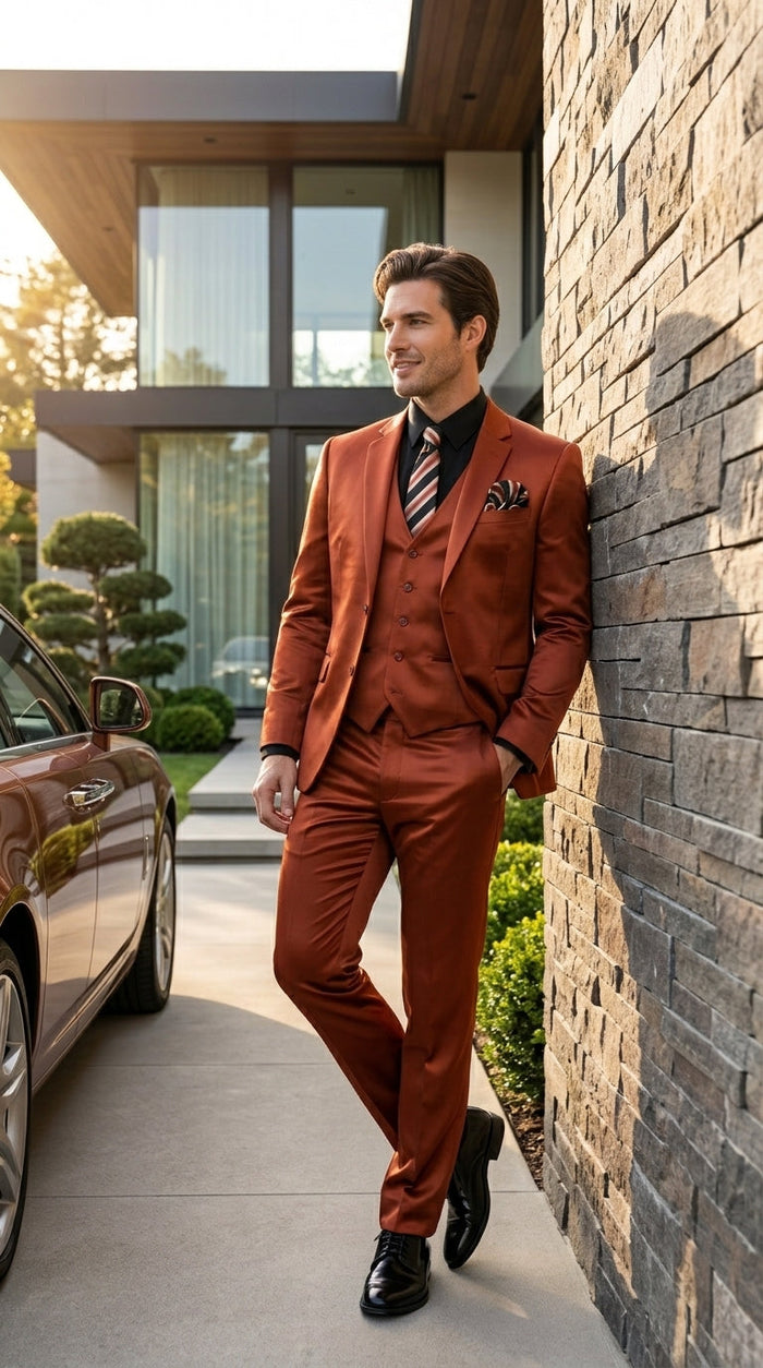 Men’s Rust Copper Coganc Shiny Sateen 3 Piece Suit, Vested Formal Wedding Prom Suit Set Ultra Slim Fit