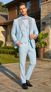 Men’s Light Blue Suit with Silver Glitter Lapel – Light Blue Formal Tuxedo Suit for Prom, Wedding and Special Occasion Wear in Sky Baby Blue