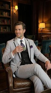 Mens Black and White Pinstripe Wedding Tuxedo Suit – Three Piece Formal Suit Set with Contrast Trim for Groom, Prom - Seersucker Summer Suit