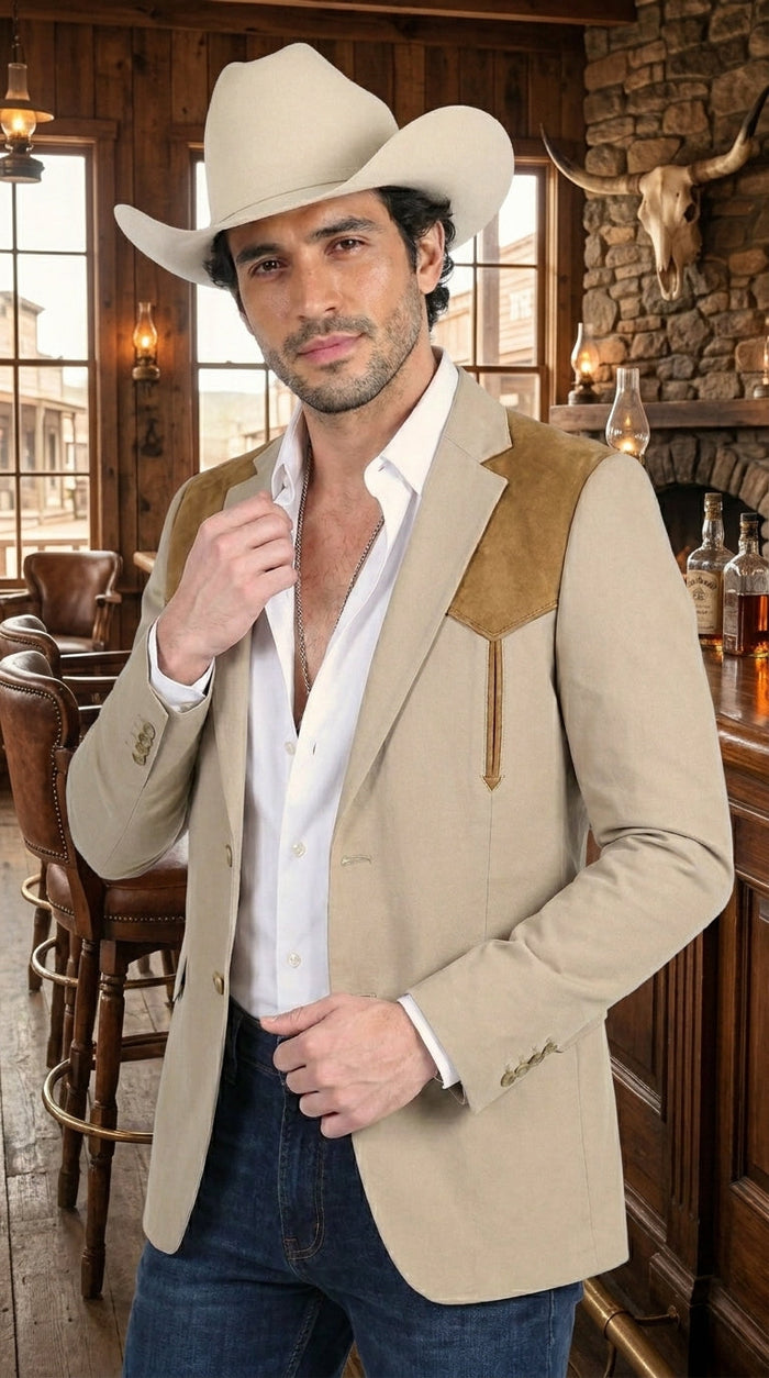 Men’s Khaki Western Blazer with Suede Yokes, Cowboy Sport Coat , Ranch and Country Events in Tan Khaki Color By Platini