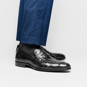 Zelli Roma Classic Penny Loafers in Genuine Black Ostrich Quill