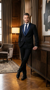 Men’s Black Suit with Navy Blue Lapel – Elegant Formal Tuxedo Style Suit for Wedding, Prom, Party and Evening Wear