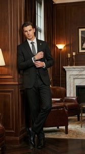 Men’s Black Pinstripe 3 Piece Suit – Vested Formal Business Suit for Wedding, Office, Prom and Party Wear