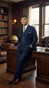 Men’s Navy Blue Pinstripe 3 Piece Suit, Thomas Shelby Inspired Vintage Formal Suit for Weddings, Parties, Prom, and Special Events