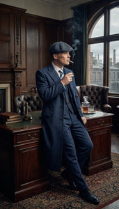 Men’s Navy Blue Herringbone Tweed  1920s 3 Piece Suit with Overcoat – Vintage Peaky Blinder Style Formal Suit Set with Blazer, Waistcoat + Overcoat + Hat