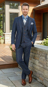 Men’s Pleated Pants Dark Blue Denim 3 Piece Suit – 100% Cotton Formal Suit Set, Blazer Vest Pants Outfit Classic Fit Athletic Fit Lose Fit