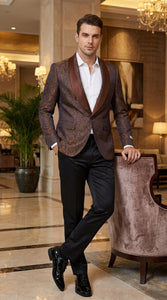 Men’s Light Brown Paisley Tuxedo Jacket, Wedding Prom Dinner Blazer with Satin Shawl Lapel