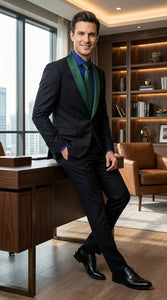 Men’s Black Suit with Hunter Green Shawl Lapel – Black and Hunter Green Formal Tuxedo Suit for Wedding, Prom With Bow Tie