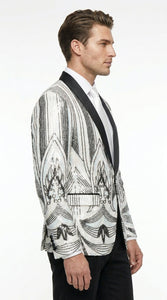 Men’s White and Black Patterned Tuxedo Blazer – Luxury Designer Dinner Jacket for Wedding, Prom and Formal Events New Year Christmas Holiday