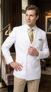 Men’s White Double Breasted Blazer, Formal Dress Jacket for Weddings, Prom, Parties, Dinner Events, and Special Occasions