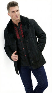 Men’s Black Sheepskin Leather Jacket Cowboy – Warm Faux Fur Collar Coat, Winter Long Jacket, Casual Western Style Outerwear