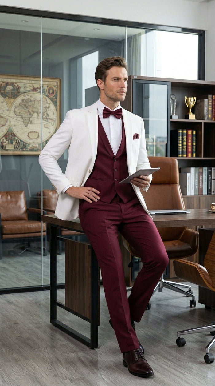 Men’s White and Burgundy 3 Piece Tuxedo Suit, Vested Formal Wedding Prom Dinner Suit Set bowtie included