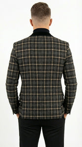 Mens Tartan Black and Gold Check Blazer – Windowpane Plaid Sport Coat Velvet Lapel Formal Party Jacket Chirsitmas New Year Holiday Jacket