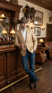 Men’s Champagne Gold Western Blazer, Formal Cowboy Wedding Ranch Sport Coat Jacket tan beige color sheen sharkskin fabric