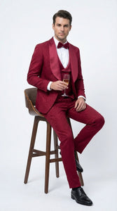 Mens Burgundy Wedding Tuxedo Suit – Paisley Three Piece Formal Suit Set with Shawl Lapel for Groom, Prom